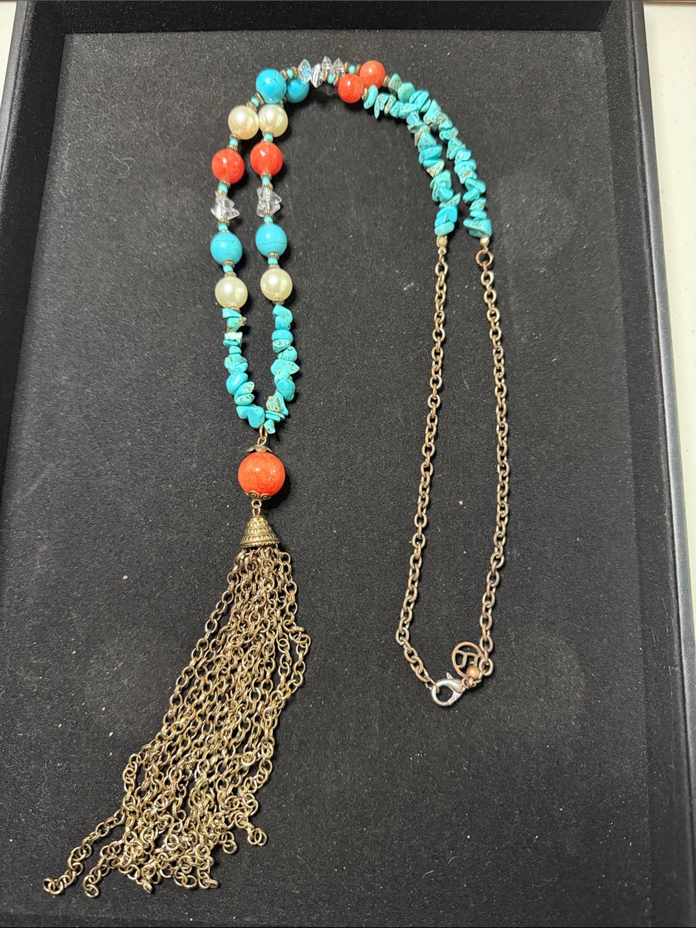 Boho Turquoise & Coral Tassel Pendant Necklace - Unbranded